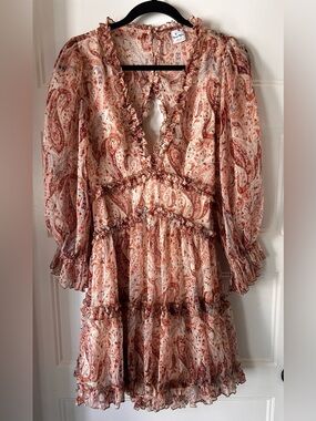 Angel Biba Laney Paisley Rust Ruffle Cutout Back Mini Dress M US 6